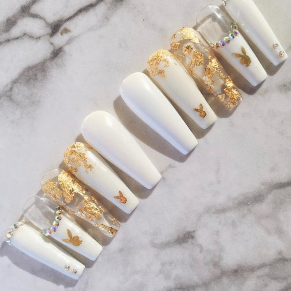 White And Gold Playboy Press On Nails